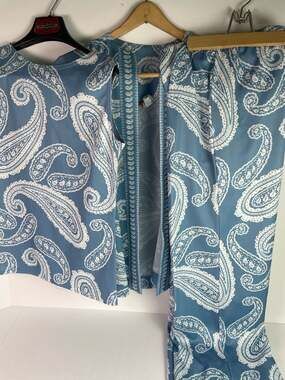 Vintage Montgomery Ward 3-Piece Paisley Pant Suit Set Blue White Size Small